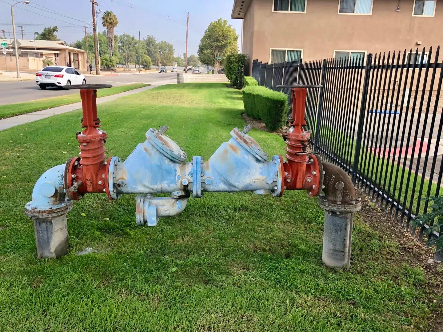A newly installed backflow prevention assembly.